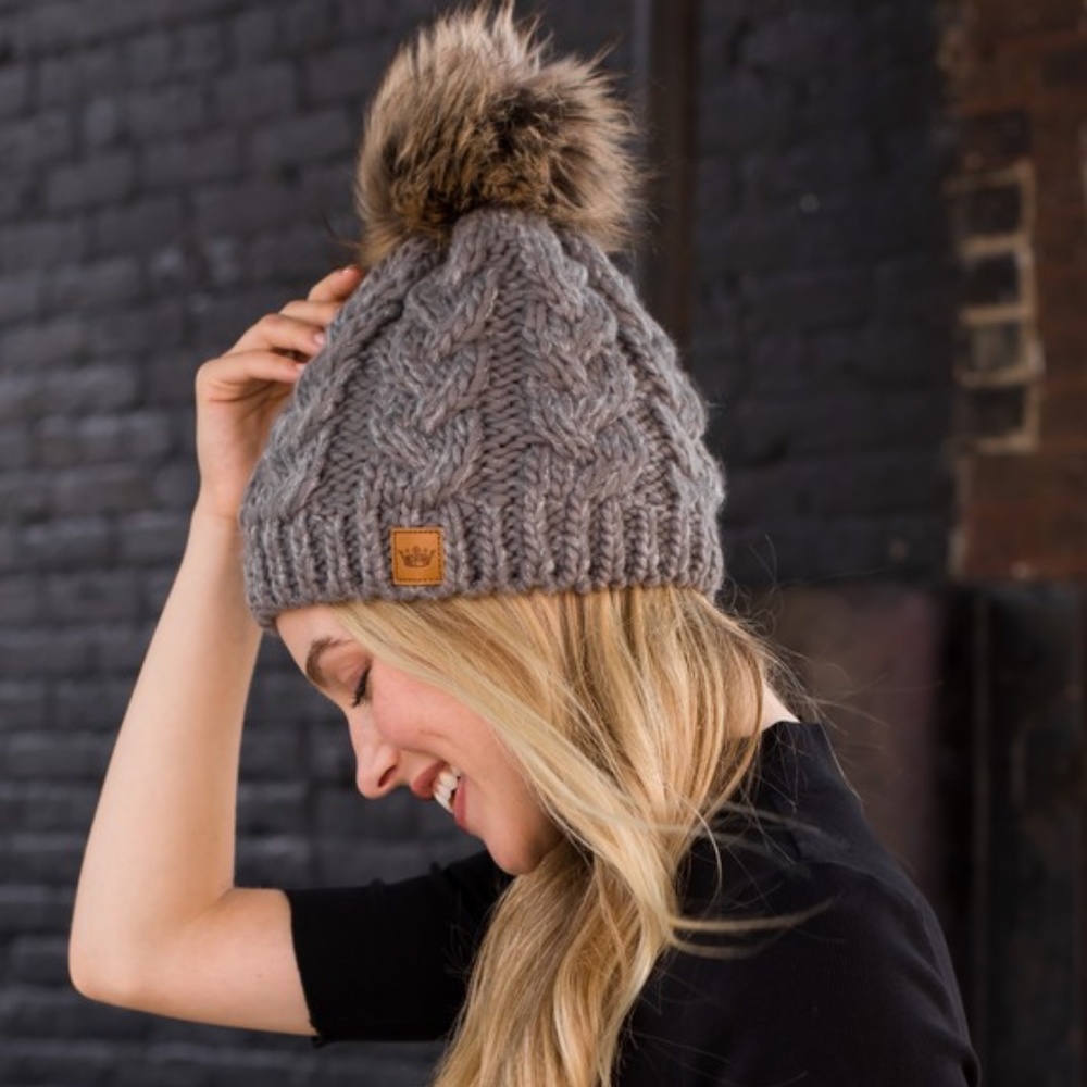 SOLD OUT Gray Cable Knit Faux Fur Pompom Beanie Fleece Lined Women's Winter Hat - Picture 2 of 4